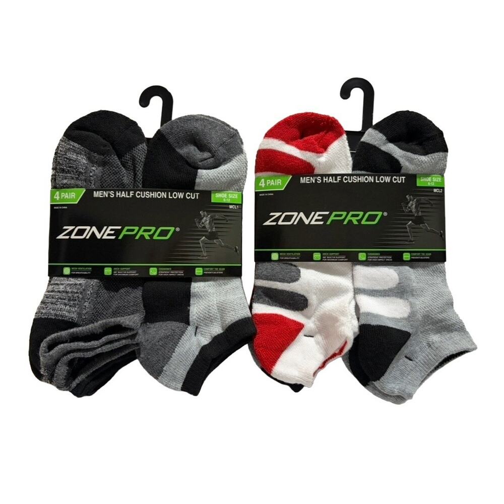 Zone Pro Men’s Half Cushion Low Cut Socks 4 Pair Shoe Size 6-12 Lot of 2 NEW